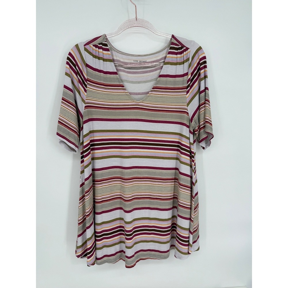 Lane Bryant Womens Top Striped V Neck Short Sleeve Size‎ 14/16 White Beige